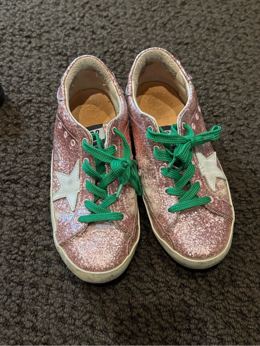 Golden Goose Kids Pink Glitter Sneakers with White Star and Green Laces